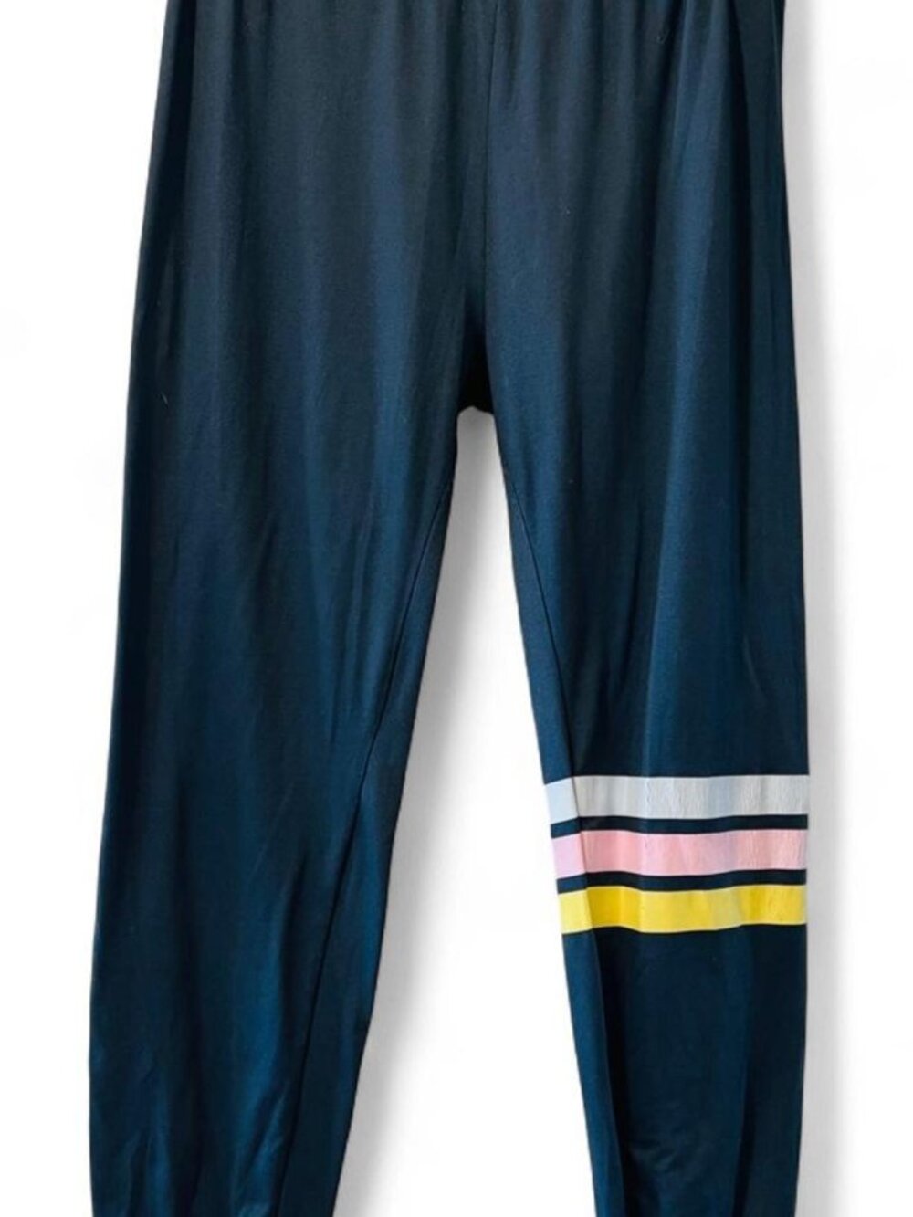 Navy blue joggers with white, pink, and yellow stripes on the lower leg, size L
